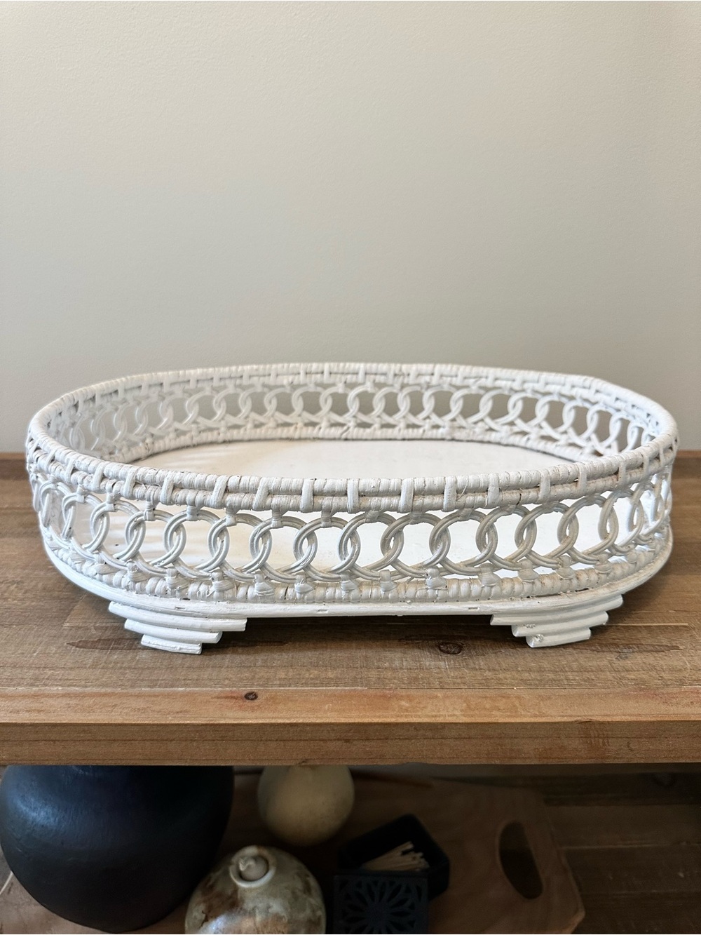 Vintage White Wicker Woven Decorative Tray - Oval Dresser Vanity CottageCore